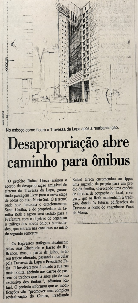Recorte de matéria jornalística com o título “Desapropriação abre caminho para ônibus” e um esboço urbano mostrando edifícios e a futura Travessa da Lapa no contexto do Autopark e da desapropriação amigável do antigo Estacionamento Santa Cecília.