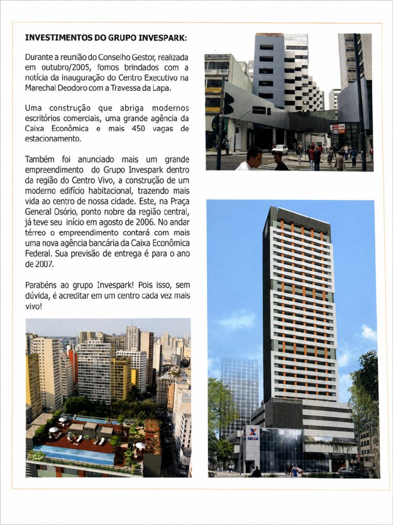 Recorte de matéria com texto sobre investimentos e credibilidade financeira em 2006, citando a Autopark, com fotos de prédios corporativos e fachada do edifício do grupo.